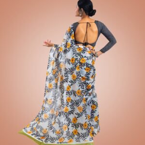 Kayaaz Women's  cotton floral print white Saree  With Unstitched Blouse Piece - Image 2