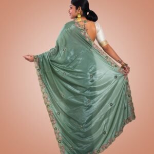 Kayaaz Women's  Georgette Pista Green Saree  With Unstitched Blouse Piece - Image 2