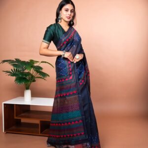 Kayaaz Women's  chanderi Dark navy blue Saree  With Unstitched Blouse Piece - Image 3