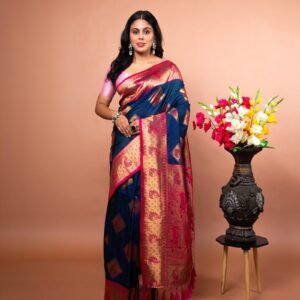 Kayaaz Women's Silk Navy blue Saree  With Unstitched Blouse Piece - Image 3