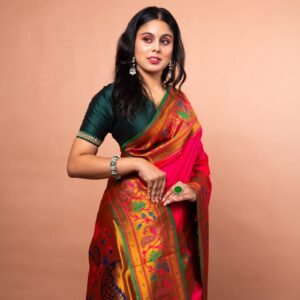 Kayaaz Women's Paithani  Bright Pink Saree  With Unstitched Blouse Piece - Image 2