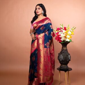 Kayaaz Women's Silk Navy blue Saree  With Unstitched Blouse Piece - Image 4