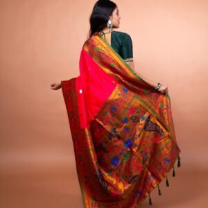 Kayaaz Women's Paithani  Bright Pink Saree  With Unstitched Blouse Piece - Image 3