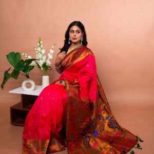 Kayaaz Women's Paithani  Bright Pink Saree  With Unstitched Blouse Piece - Image 4
