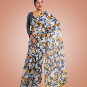Kayaaz Women's  cotton floral print white Saree  With Unstitched Blouse Piece - Image 3