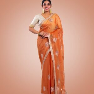 Kayaaz Women's Chiffon Peach Saree  With Unstitched Blouse Piece - Image 3