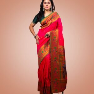 Kayaaz Women's Paithani  Bright Pink Saree  With Unstitched Blouse Piece - Image 5