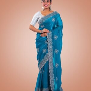 Kayaaz Women's Satin Silk Peacock blue Saree  With Unstitched Blouse Piece - Image 3