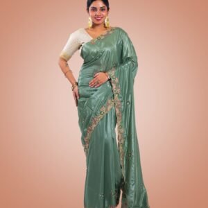 Kayaaz Women's  Georgette Pista Green Saree  With Unstitched Blouse Piece - Image 1