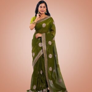 Kayaaz Women's Fancy Army green Saree  With Unstitched Blouse Piece - Image 3
