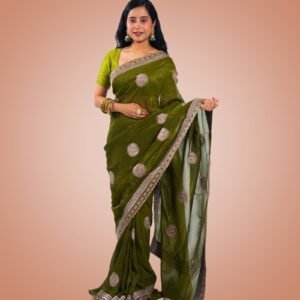 Kayaaz Women's Fancy Army green Saree  With Unstitched Blouse Piece - Image 1