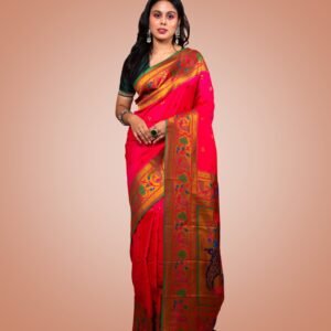 Kayaaz Women's Paithani  Bright Pink Saree  With Unstitched Blouse Piece - Image 1