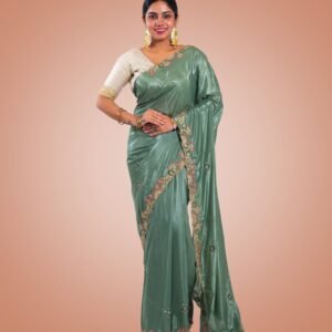 Kayaaz Women's  Georgette Pista Green Saree  With Unstitched Blouse Piece - Image 4