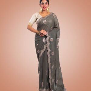 Kayaaz Women's Chiffon olive Saree  With Unstitched Blouse Piece - Image 1