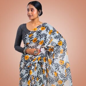 Kayaaz Women's  cotton floral print white Saree  With Unstitched Blouse Piece - Image 5