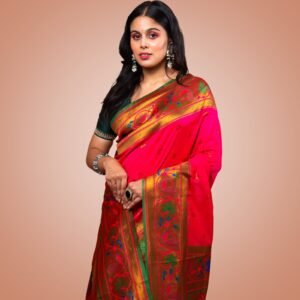 Kayaaz Women's Paithani  Bright Pink Saree  With Unstitched Blouse Piece - Image 7