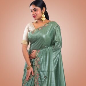 Kayaaz Women's  Georgette Pista Green Saree  With Unstitched Blouse Piece - Image 5