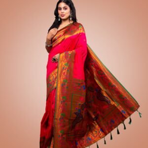 Kayaaz Women's Paithani  Bright Pink Saree  With Unstitched Blouse Piece - Image 8