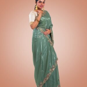 Kayaaz Women's  Georgette Pista Green Saree  With Unstitched Blouse Piece - Image 7