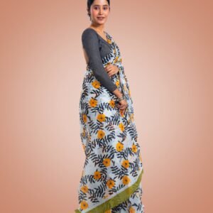 Kayaaz Women's  cotton floral print white Saree  With Unstitched Blouse Piece - Image 7