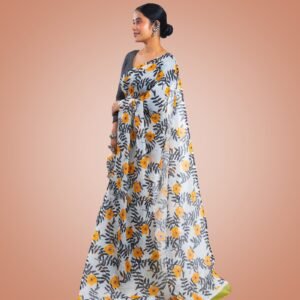 Kayaaz Women's  cotton floral print white Saree  With Unstitched Blouse Piece - Image 6