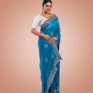 Kayaaz Women's Satin Silk Peacock blue Saree  With Unstitched Blouse Piece - Image 6