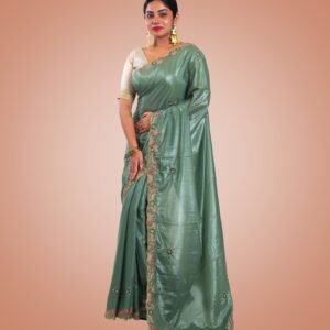 Kayaaz Women's  Georgette Pista Green Saree  With Unstitched Blouse Piece - Image 6